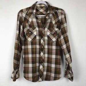 Women’s Plaid Button Down Shirt Size S Brown And Silver Thread Pearl Snap
